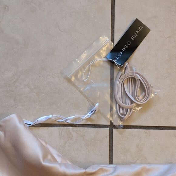 Alfred Sung Strapless Satin Gown Draped Front Slit Pockets Champagne 6 - Picture 8 of 14